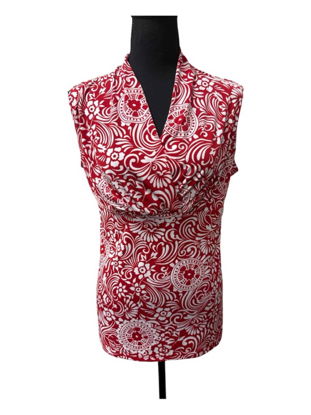 JKLA California Red White Floral Top Ruched V Neck Stretch Blouse Large